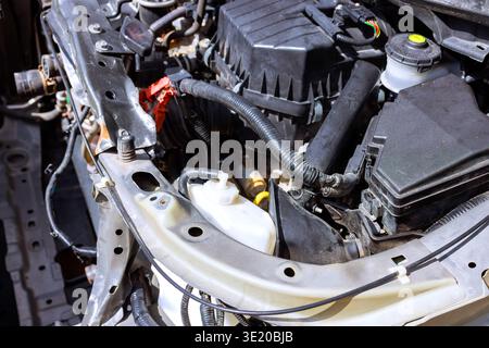 Mechanics work on car engine inside garage parts are visible as they diagnose repair vehicle. Stock Photo