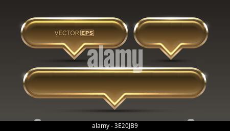 Shiny golden 3D speech bubble and banner elements. Luxury design assets for UI. Vector illustration. Stock Vector