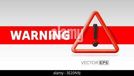 Vibrant 3D Warning Sign with Exclamation Mark on Red Banner Background. A crucial alert symbol for danger, error, or important notice. Vector illustration Stock Vector