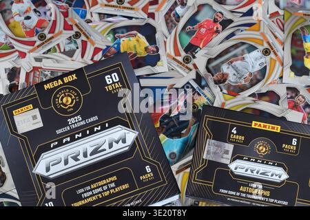 Aurora, Ontario, Canada - March 17, 2026: Panini FIFA Club World Cup trading card boxes with soccer cards displayed. Sports collectible packaging and Stock Photo
