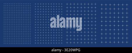 Blueprint grid set curved star geometry, four scale variations. Wide medium dense micro spacing comparison, engineering layouts dashboards notebook pages interface planning systems technology graphics Stock Vector