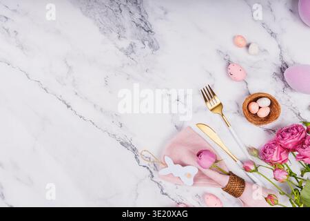 Festive Easter Flat Lay with Cutlery and Decor Stock Photo