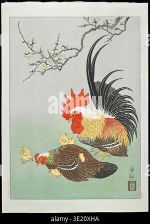 Ohara Koson – Rooster Hen with Chicks, 1930s Japanese Shin Hanga Stock Photo