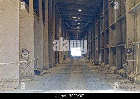 A long industrial corridor inside a warehouse with concrete walls covered in dust and dirt, featuring scattered tools and equipment along the sides. Stock Photo
