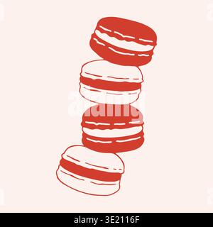 Hand drawn vector illustration of a stack of four macarons. Minimalist red line art icon of French almond meringue cookies for bakery branding and Stock Vector