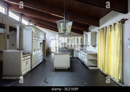 A large smoke damaged kitchen due to fire. This house has been demolished. Stock Photo