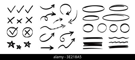 Arrow, underline, circle frame marker line set. Line marker hand drawn pen brush stroke sketch arrow, circle, highlight element. Doodle check, cross, star frame icons. Vector illustration Stock Vector