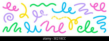Abstract doodle line shapes, colorful confetti squiggle set. Carnival abstract cute doodle curve confetti design for pattern, line squiggles, geometric shape elements. Vector illustration Stock Vector