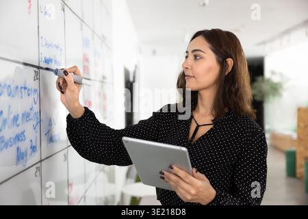Female Middle Eastern business project leader woman making Kanban board Stock Photo