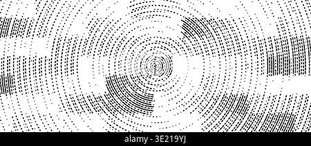 Abstract radial pixelated halftone pattern. Circular pixel explosion background. Rotating scattered dot dashed texture overlay bg. Vector radial spinning backdrop. Fading rectangle fragment wallpaper Stock Vector