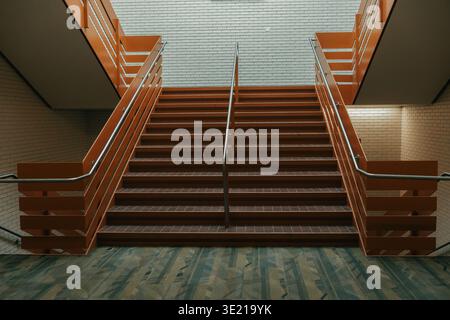 Symmetrical orange staircase with metal handrails ascending against white brick wall in modern interior architecture Stock Photo