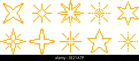 Retro pixel star collection. Pixelated sparkles and stars set. 8 bit geometric shine, firework and burst effect pack. Yellow gold twinkle and bling icon bundle for badge, nostalgic game decor. Vector Stock Vector