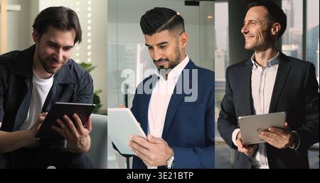 Confident handsome businessmen of different races using tablet for work Stock Photo