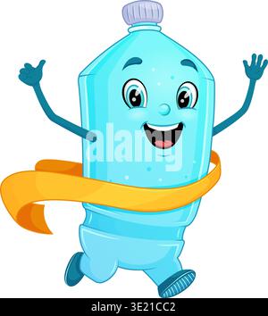 Playful animated plastic bottle mascot dancing with smiling face, golden ribbon sash, running pose, bright Stock Vector