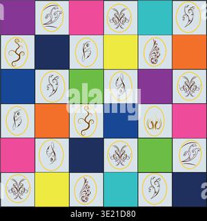 Geometric Checkerboard Pattern with Easter icons: Hand-Traced Vector Ornament, Full Editable Adobe Illustrator File, No Image Trace, Clean Paths. Stock Vector