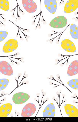 Colorful Easter vertical Frame Border with Easter Eggs and blossom twigs. Copyspace Template Isolate. Vector illustration Easter Greetings Social media stories vertical template, post, promo design  Stock Vector