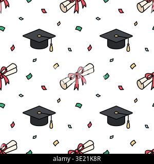 Graduation cap, folded graduate diploma with red ribbon tied in bow seamless pattern. University, college graduation concept. Texture for degree ceremony, educational program. Doodle style vector Stock Vector