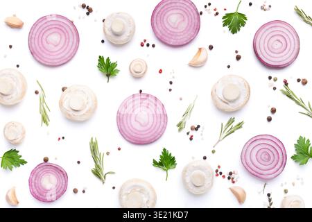 Fresh mushrooms with parsley, peppercorns and purple onion slices Stock Photo