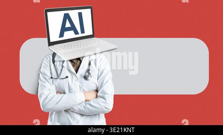 Doctor with laptop head standing against red background showing AI concept in healthcare Stock Photo