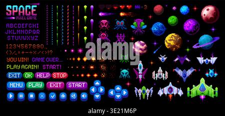 8 bit pixel space arcade video game interface Stock Vector