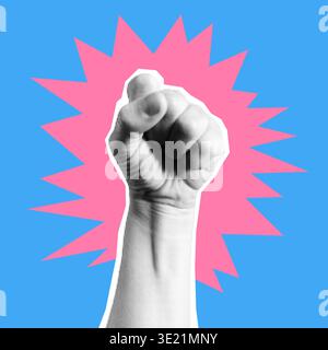 Modern halftone collage raised fist up. Protest, fight, demonstration, success and strength symbol Stock Vector