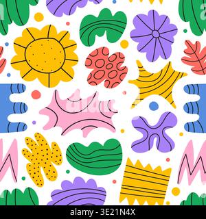 Fun colorful seamless pattern with doodle shapes brutal style. Stock Vector