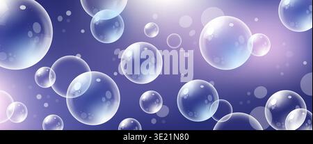Abstract purple bubbles background. Transparent realistic soap bubble Stock Vector