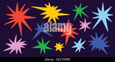Doodle funky star set. Colorful hand drawn sparkle shapes Stock Vector