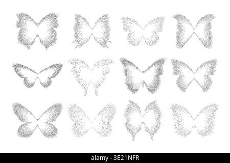 Noise gradient butterfly shapes vector set. Dot grain stipple texture symbol collection. Retro y2k design for collage or cut-out trendy art Stock Vector