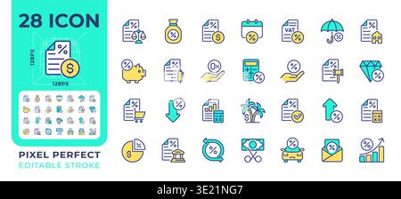 Taxes pixel perfect line color icons set Stock Vector