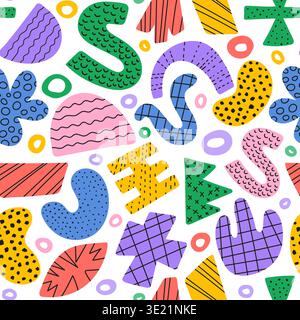 Fun colorful seamless pattern with doodle shapes brutal style. Stock Vector