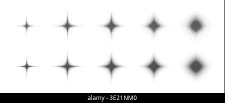 Halftone dots star set. Dotted grain starburst collection. Noise texture stippled sparkles Stock Vector