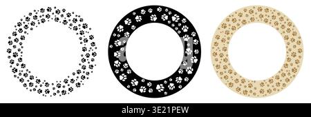 Pet paw print round frame collection. Cute circle borders different style. Dog or cat footprint trail Stock Vector