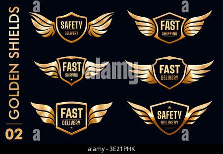 Golden award shields with eagle wings, shipping Stock Vector