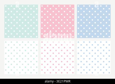 Pastel dots fill soft squares, calming and sweet. Mint, pink, and blue hues bring gentle charm. White polka dots echo purity and simplicity. Perfect f Stock Vector