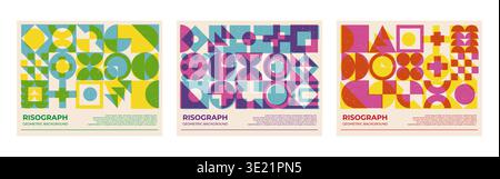 Abstract geometric shapes pattern risograph style with grain texture Stock Vector