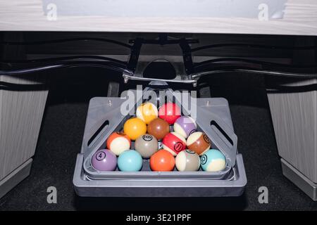Closeup of Billiard Balls Arranged in Triangle Rack on Pool Table Stock Photo