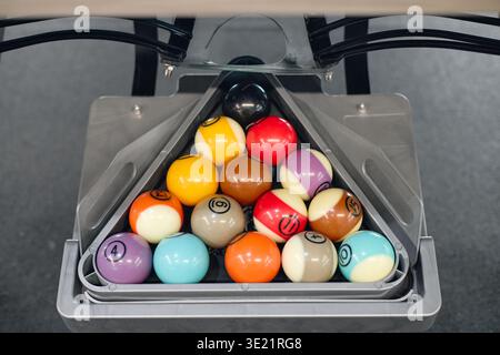 Closeup of Billiard Balls Arranged in Triangle on Pool Table before Game Stock Photo