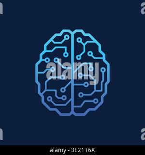 Circuit lines form a brain shape in bright blue. Simple design highlights tech and intelligence. Dark background emphasizes futuristic theme. Ideal fo Stock Vector