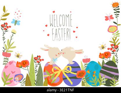 Easter Card with Flowers, Rabbis and Easter Eggs Stock Vector