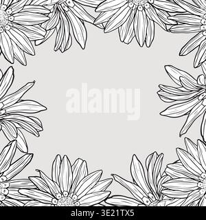 Intricate black and white floral border with gerbera framing an empty central space for creative text placement or artistic projects. Stock Vector
