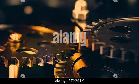 High-quality industrial grunge background featuring rusty, interlocking vintage metal gears and cogs. This gritty steampunk aesthetic symbolizes compl Stock Photo