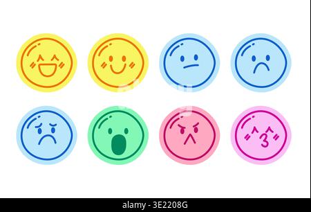 Cute emotions emojis hand drawn line sticker pack Stock Vector