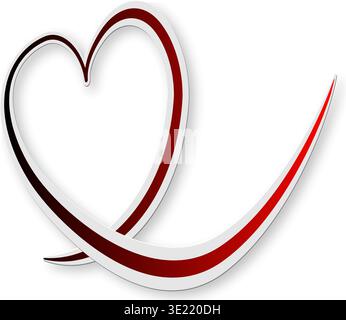 Elegant 3D red gradient heart shape with a calligraphic sweeping tail. Designed as a die-cut sticker or paper badge with a white offset outline and drop shadow. Romantic decorative vector element for Valentine s Day, wedding invitations, and greeting cards. Isolated on a white background. Stock Vector