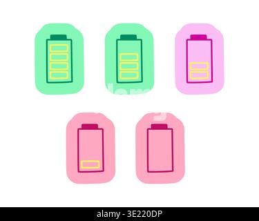 Cute battery level status hand drawn line sticker pack Stock Vector