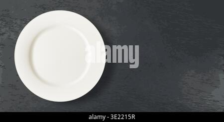 Empty white ceramic plate on black slate board background. Vector 3d realistic top view illustration. Cooking, food serving dishes, menu presentation Stock Vector