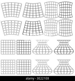 Warped grid shapes. Geometric wireframe Vector. Distorted line pattern. Abstract mesh element. EPS 10. Stock Vector