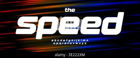 Modern Tech Racing Font With Speed Lines Effect On Red, Turquoise, Neon Light Background. Bold Sport Alphabet For Car, Motorsport, Game Logo, Poster Stock Vector