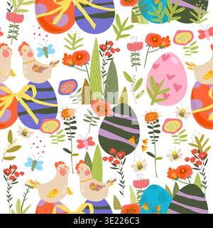 Easter Seamless Pattern with Flowers, Hens and Easter Eggs Stock Vector