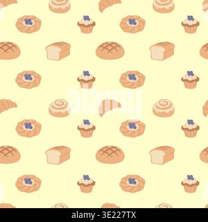 Seamless bakery pattern with bread and sweet pastry on yellow background vector illustration. Stock Vector